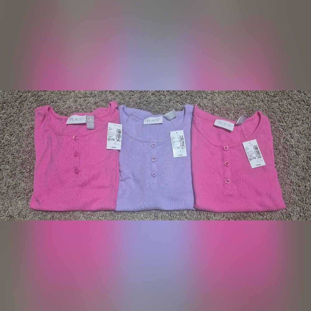 NWT Lot of 3 Children's Place Girls XXL Short Sleeve Pink & Purple Henley Tops